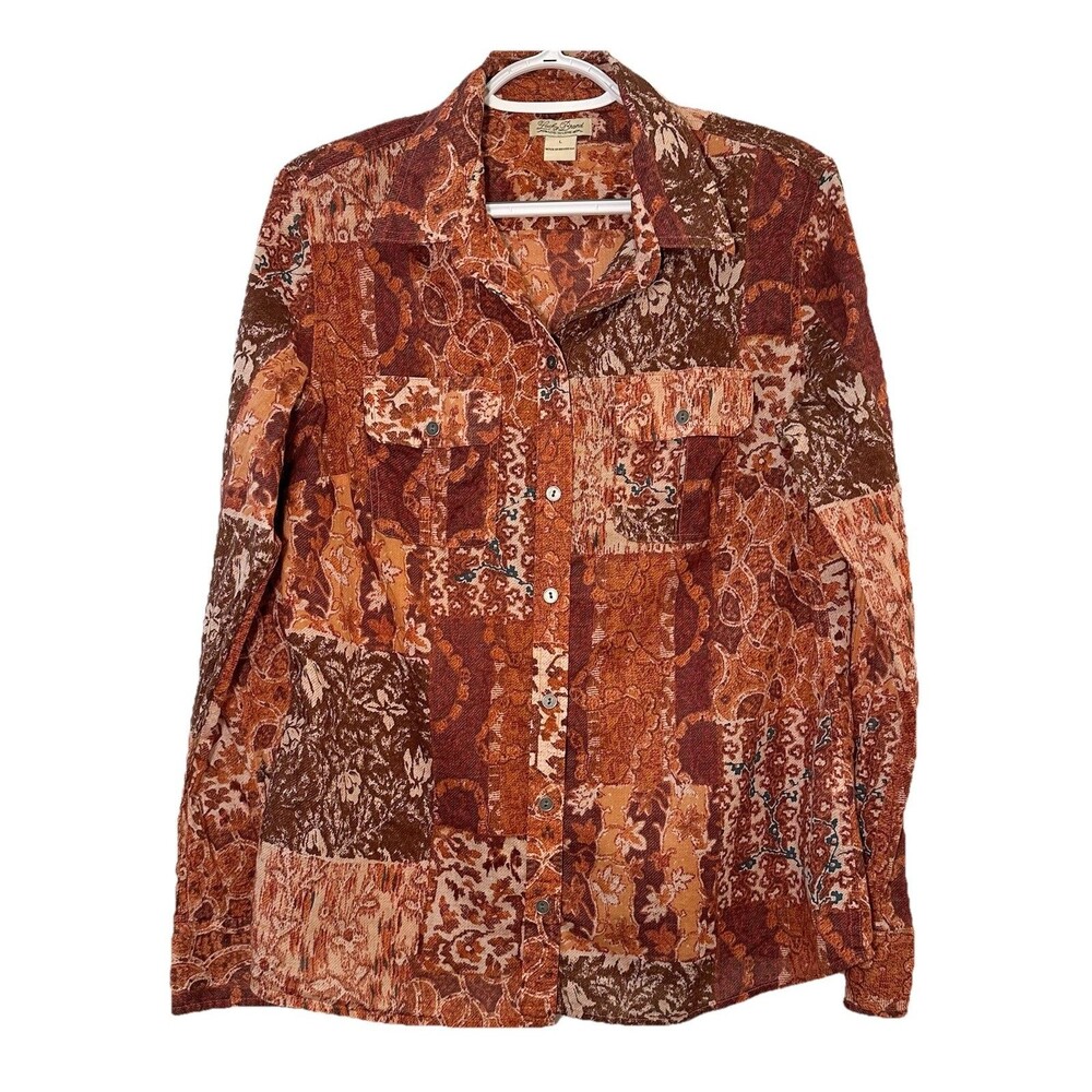 Lucky Brand Patchwork Boho Button Down Shirt Women’s Large 100% Cotton Earthy
